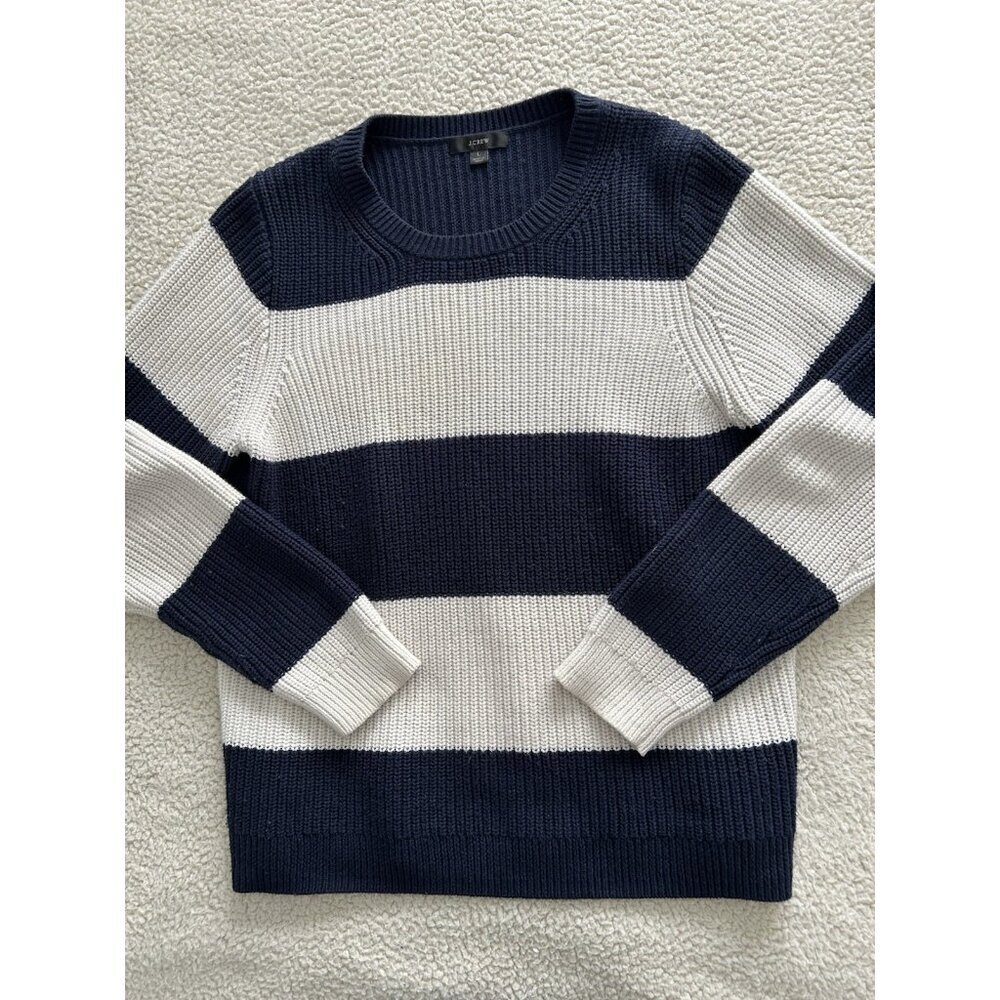 J Crew Navy White Striped Crew Neck Long Sleeve Cotton & Cashmere Sweater Size L